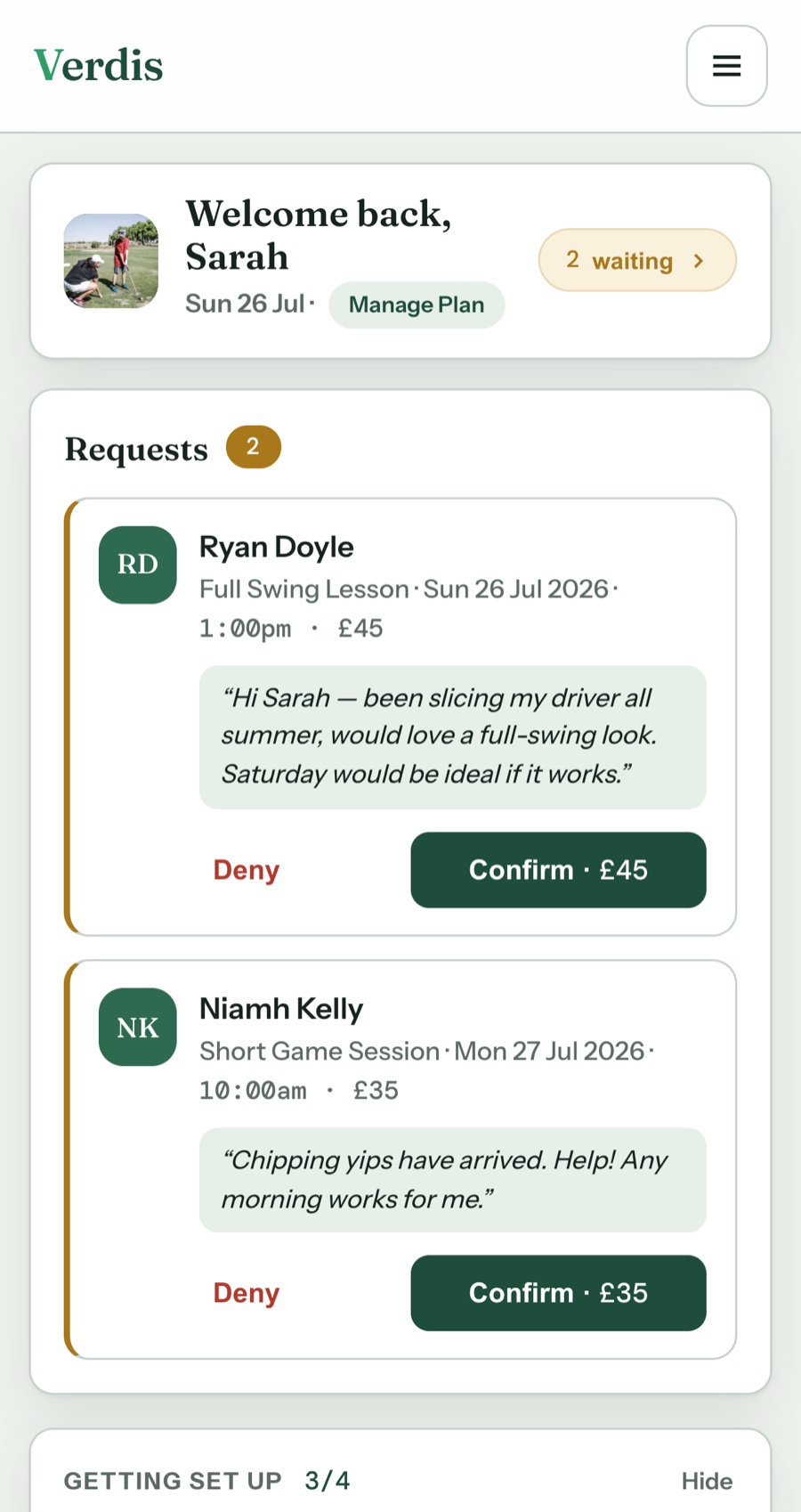 The Verdis coach hub on a phone: two lesson requests, each with the golfer&rsquo;s own note, above a Confirm button showing the fee