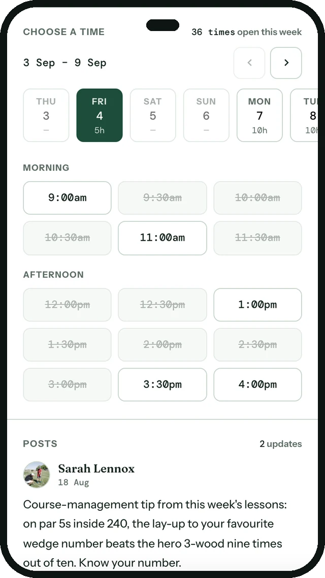 A coach's live diary on Verdis: the week's open times, booked ones struck through