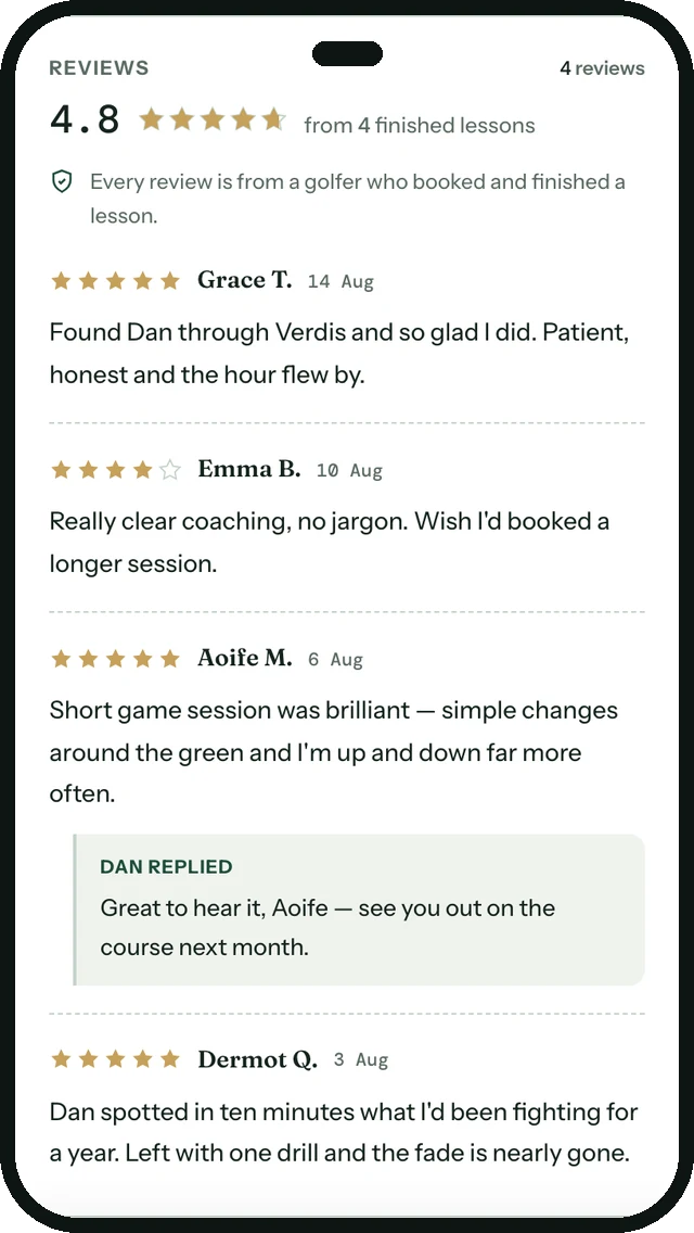 A coach's reviews on Verdis: 4.8 from 4 finished lessons, each review from a golfer who booked, one with the coach's reply