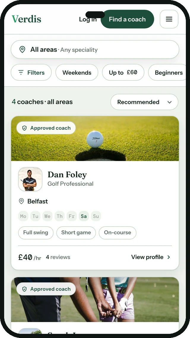 Search results on Verdis: approved coaches with club, price and a View profile link, filters for weekends, price and PGA professionals