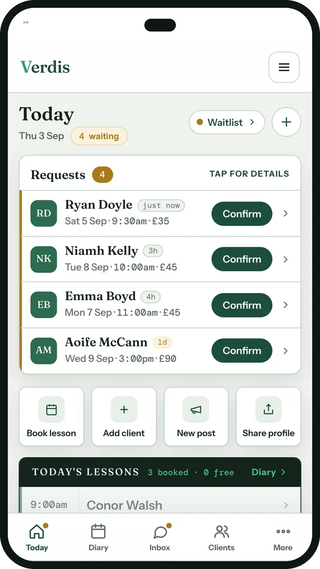 The Verdis Today screen: a request waiting, tomorrow's lesson, the week's free slots and the tee sheet