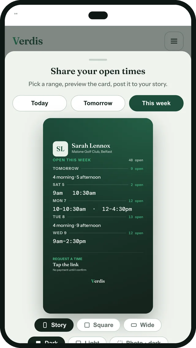 Share your open times: the story card with this week's free hours, ready to post to Instagram
