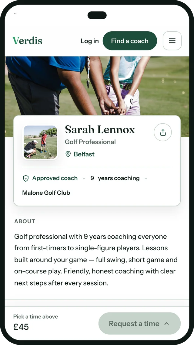 A coach's public Verdis page: photo, club, approved badge, lessons with prices and Request a time