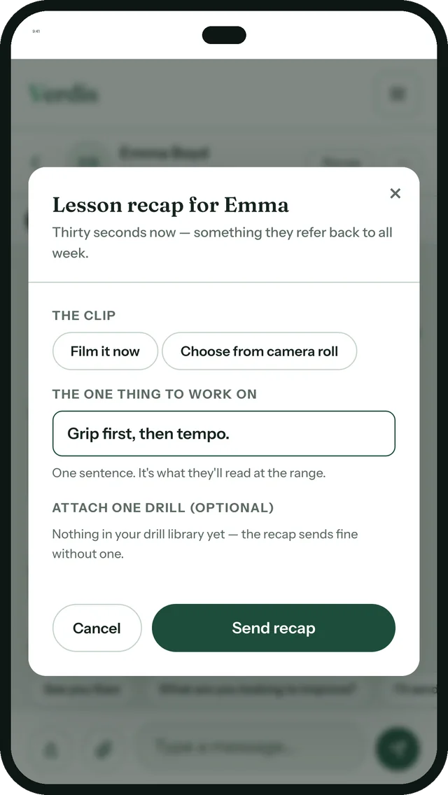 The lesson recap composer: film a clip, write the one thing to work on, send